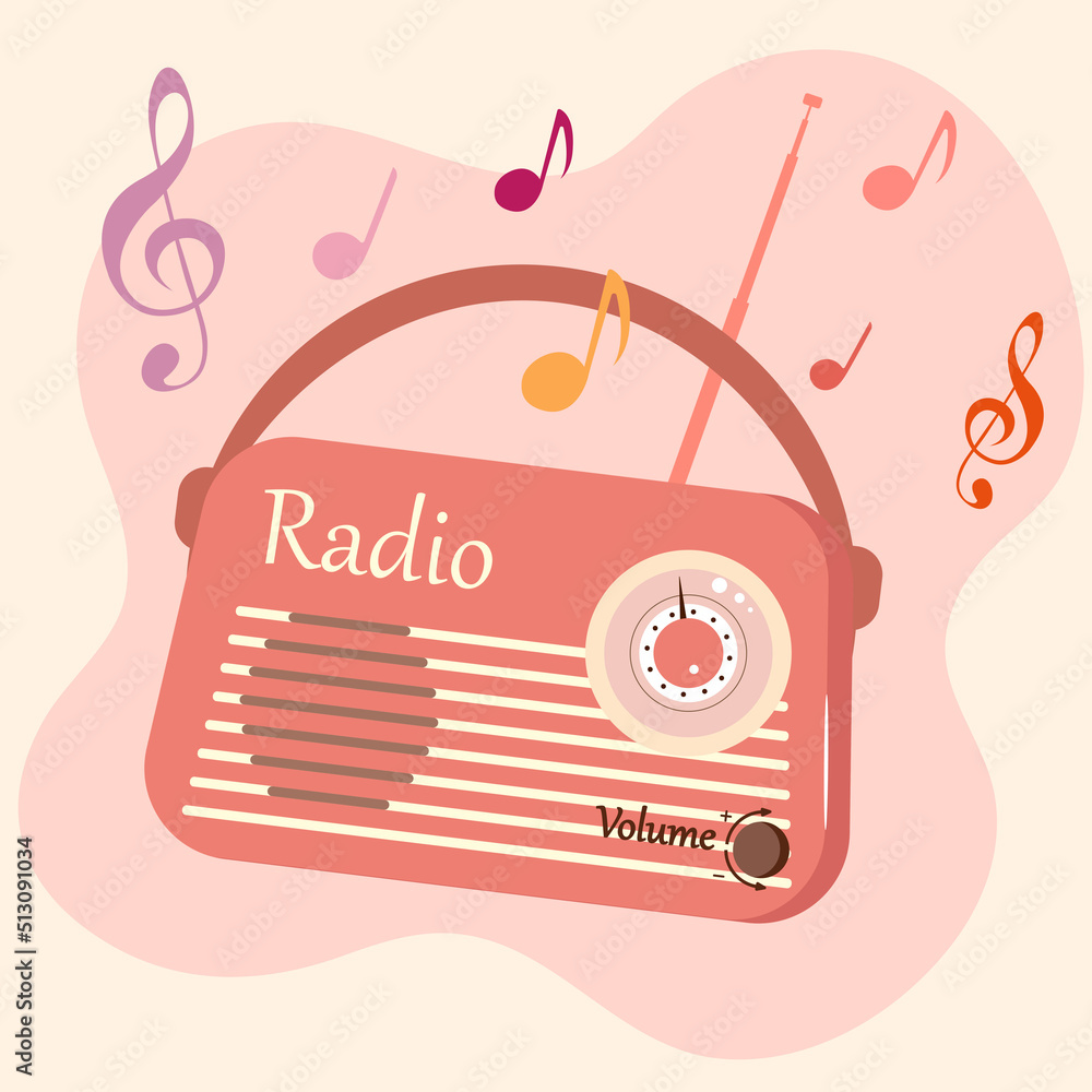 Wall mural retro radio with musical notes.