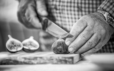 Elderly man cutting figs on the table outdoor.