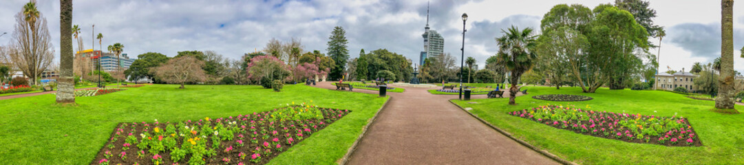 Auckland panoramic 360 degrees view from Albert Park on a cloudy day, New Zealand
