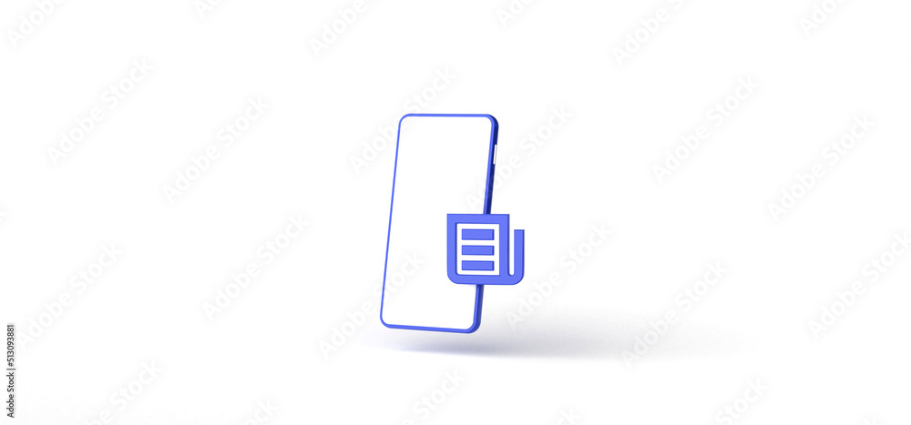 Poster paper, document with smartphone isolated on background, icon, 3d rendering.