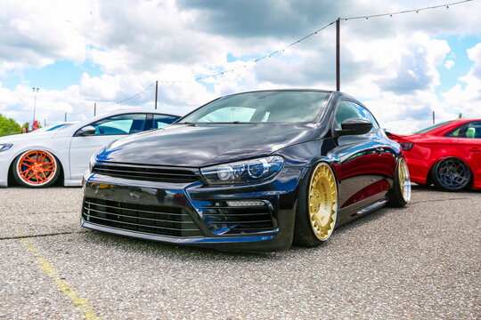Moscow, Russia - June 4, 2022 Volkswagen scirocco stance car is on tuning car show outdoor. 