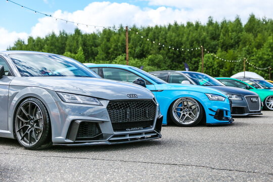 Moscow, Russia - June 4, 2022 Audi  stance car is on tuning car show outdoor. 