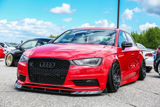 Moscow, Russia - June 4, 2022 Audi  stance car is on tuning car show outdoor. 