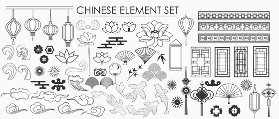 Vector set of Chinese traditional culture elements. Elements of decor, ornament, art of China. Line art style.