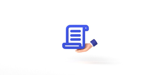 Document with Hand Holding Isolated on background, icon, Gesture, Cartoon, 3d rendering.