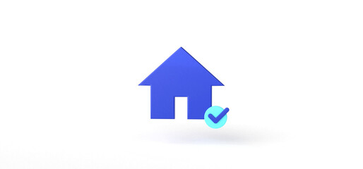 Home icon with check mark Isolated on background, cartoon, icon, 3d rendering.