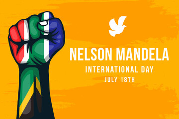 nelson mandela international day background illustration with hand color of south africa flag - obrazy, fototapety, plakaty