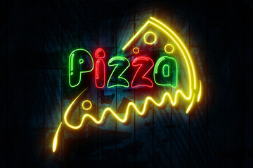 Pizza Neon Sign on a Dark Wooden Wall  3D illustration