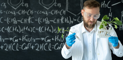 a scientist in a chemistry lab conducting a seedlings experiment with lab tools and a blackboard on...