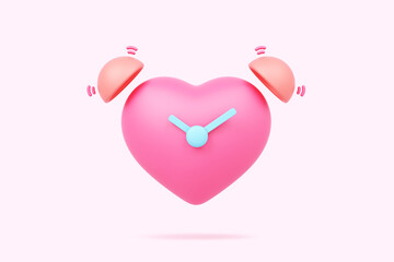 Love heart alarm clock analog pink time for anniversary reminder relationship couple young romance valentine marriage or birthday plan timetable festival holiday. clipping path. 3D Illustration.