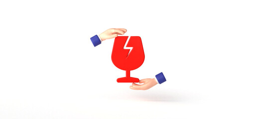 Fragile glass icon with Hands gestures around Isolated on background, cartoon, 3d rendering.