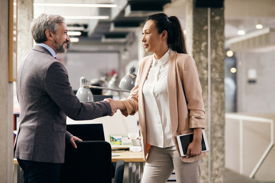 Asian businesswoman handshaking with mature businessman at corporate office.