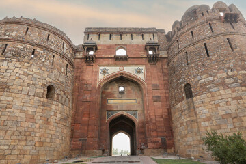 Monumental entrance in old fortress Purana Quila, Delhi, India