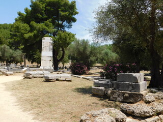 A column upon which stood the famous statue of the Nike of Paionios, in ancient Olympia, in Greece
