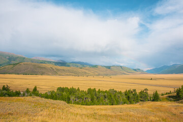Dramatic view from forest to high mountain range in sunlight during rain in changeable weather. Colorful landscape with green forest and sunlit steppe against large mountains under cloudy sky in rain.