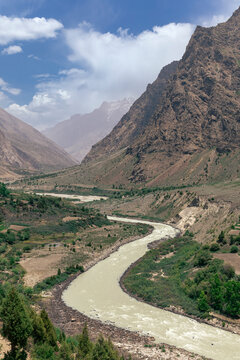 River Chandraprabha flows between mountains near Jispa, Himachal Pradesh, India on the way to Leh.