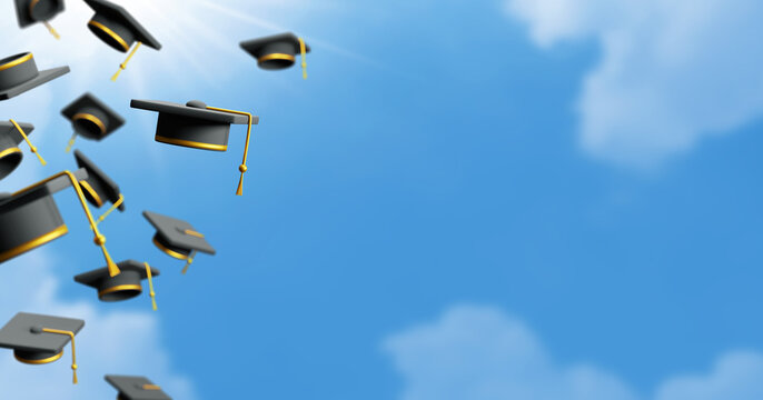 Graduation cap with blue sky background 3D render