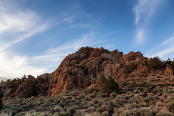 Dry rocky desert mountain landscape with trees. Sunny Sunset Sky. California, United States of America. Nature Background.