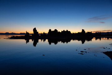 Tufa towers rock formation in Mono Lake. Sunny Sunrise. Located in Lee Vining, California, United States of America. Nature Background.