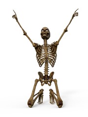 3d-illustration of an isolated fantasy skeleton kneeing after a race