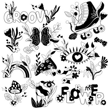 Groovy retro black and white elements 70s, roller skate, pizza, flowers and mushrooms, butterfly and leave and others. Black and white vintage hippy style. Vector illustration.