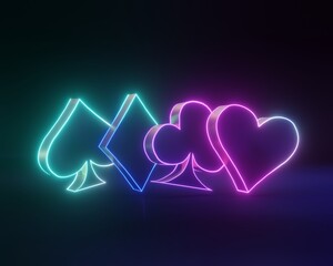 Neon aces playing symbols deck of cards for playing poker and casino on black background - 3d illustration