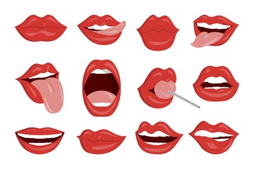 Lip and kiss. Woman sexy smile with lipstick and tongue. Girls mouth expression. Hot female for cosmetic icon. Bright makeup. Lollipop candy. Sensual face parts set. Vector illustration