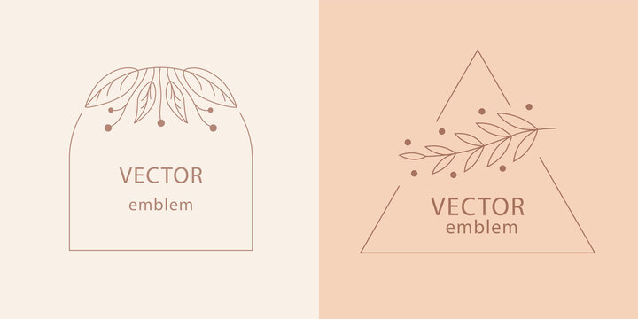 Leaf monogram set. Hand drawn ornamental leaves arch and triangle frame set, modern floral art emblem. Elegant card design. Vector organic products decor, spa or eco shop logotype illustration