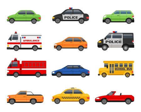 City vehicle. Urban transportation. Cars side view. Police automobile. School bus. Delivery transport. Cabriolet or sedan. Engine firefighter. Wheel machines set. Vector illustration icons