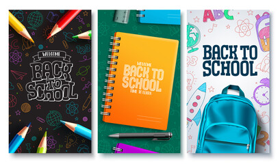 School back vector poster set. Back to school text background collection for educational promo design. Vector Illustration.   © AmazeinDesign