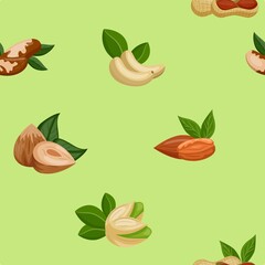 Nut pattern. Dry fruits and seeds on green background, seamless texture, flat food isolated, mix for healthy protein snack. Peanut and hazelnut, vector decor packaging, wrapping or print