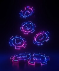 Casino chips flying with glowing neon lights on black background - 3d illustration