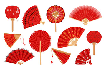 Japanese and Chinese fans. Oriental Japan collection in traditional paper style. Asian souvenirs set for art festival. Vector open and closed accessories with bamboo handles and ornaments