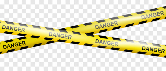Realistic crossing warning danger tapes or Police line. Caution tape of warning signs for construction area or crime scene in yellow. Do not cross ribbon. Ribbons for accident, under construction