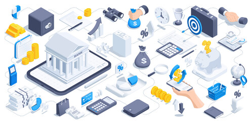isometric vector illustration on a white background, business icons on the theme of bank and finance, money and bank building next to a safe and a wallet, banking and technology - obrazy, fototapety, plakaty