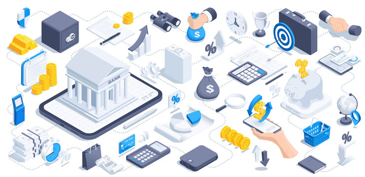 isometric vector illustration on a white background, business icons on the theme of bank and finance, money and bank building next to a safe and a wallet, banking and technology