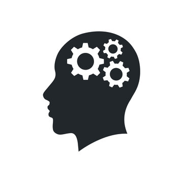 flat vector image on a white background, head icon with gears inside, brain work
