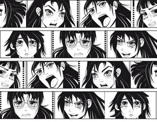 Manga pattern seamless. Comic anime japan girls, asian face drawing in cartoon style, kawaii woman black print. Monochrome texture. Portraits with different emotions. Vector graphic illustration