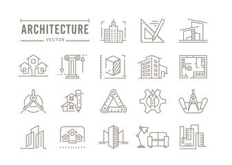 Architecture icons. Construction line logo. Building project plan. House design and 3d structure. Real estate scheme. Apartment interior. Architect company emblem. Outline vector set