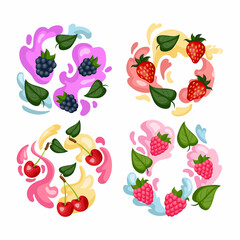 Fruit berry. Summer vitamin plants and liquid splashes. Raspberry and strawberry with leaves. Sweet bramble and cherry. Color dessert drawing. Yogurt streams. Abstract vector illustration