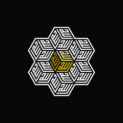 Arabic calligraphy of the name of Allah (God) in hexagon or cube shape.