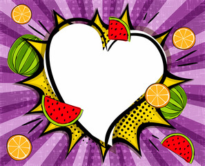 Bright comic heart with Summer juicy in popart style. Empty Box for text in love shape, orange and watermelon. Cartoon Vector illustration. Template for offer, announcements or promotions