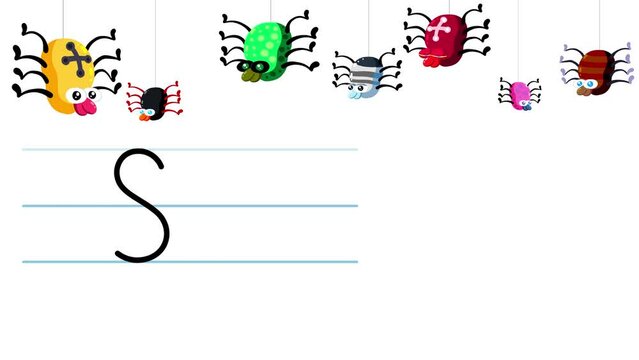 S letter writing like spider cartoon animation. A compatibile part of the alphabet serie. Handwriting educational style for children. Good for education movies, presentation, learning alphabet, etc...