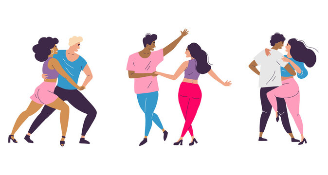 Dancers dance a dance in different poses. Men and women dance salsa, bachata and Latin dances at a party. Dance School and competition