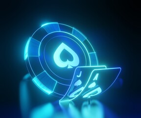 Blackjack poker casino cards and chip with glowing neon lights on black background - 3d illustration