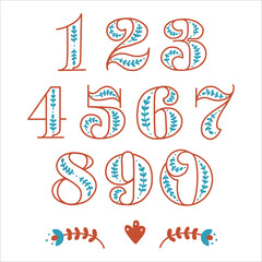 Folklore set of numbers and numbers in Scandinavian style. Folk font for mathematics, algebra and calculator. Children learn to count using bright numbers