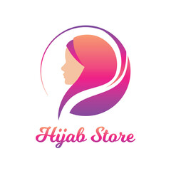 Muslim woman wearing hijab. Fashion logo design vector symbol. Scarf logo template for shop, store, print. Pink, violet and white.