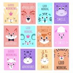 Animal kid card. Cute child greeting and invitation cards for birthday, baby party posters, motivational lettering. Childish print nursery decor. Bright background. Vector doodle characters