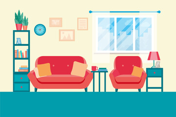 Living room with furniture. Cozy interior with a sofa, armchair, nightstand, clock, paintings and a window in the living room. Cozy room. Vector illustration in a flat style in modern lights.