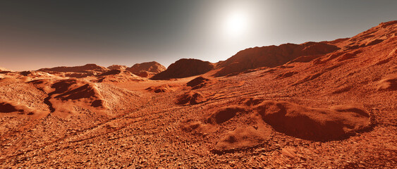 Fototapeta na wymiar Mars planet landscape, 3d render of imaginary mars planet terrain, orange eroded desert with mountains and sun, realistic science fiction illustration.